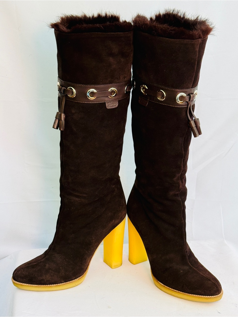 Gucci Brown Suede Knee Boots with Yellow Block Heel
